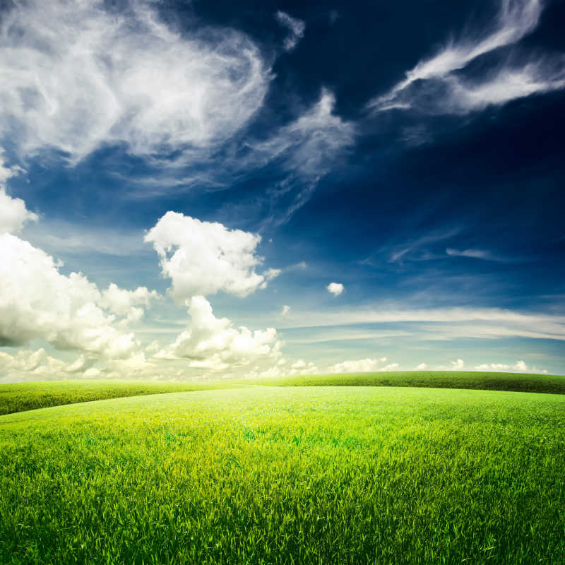 大自然风景图片-蓝天白云下的绿色草坪素材-高清图片