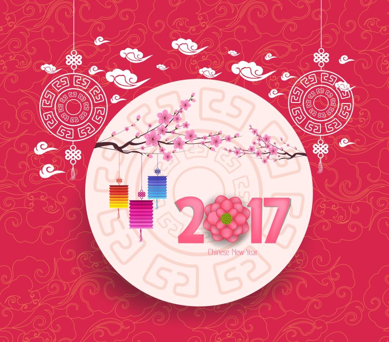 梅花图案装饰的新年卡片矢量设计