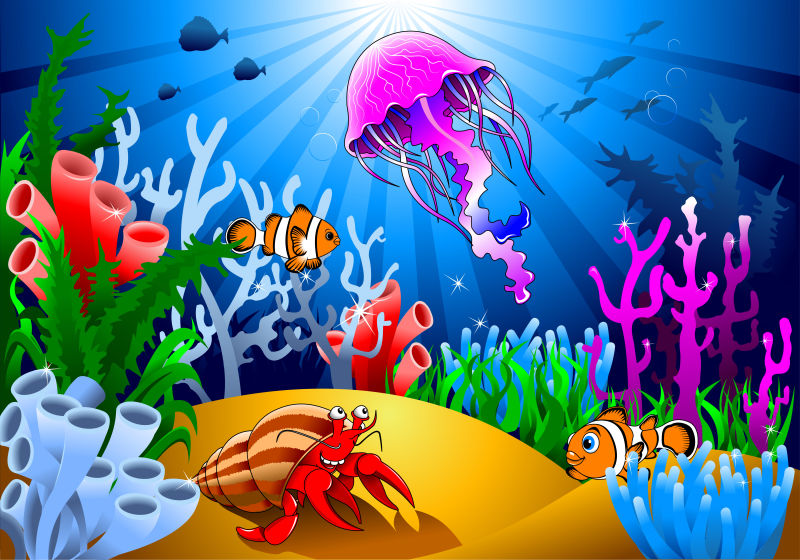抽象矢量海底的小丑鱼插图