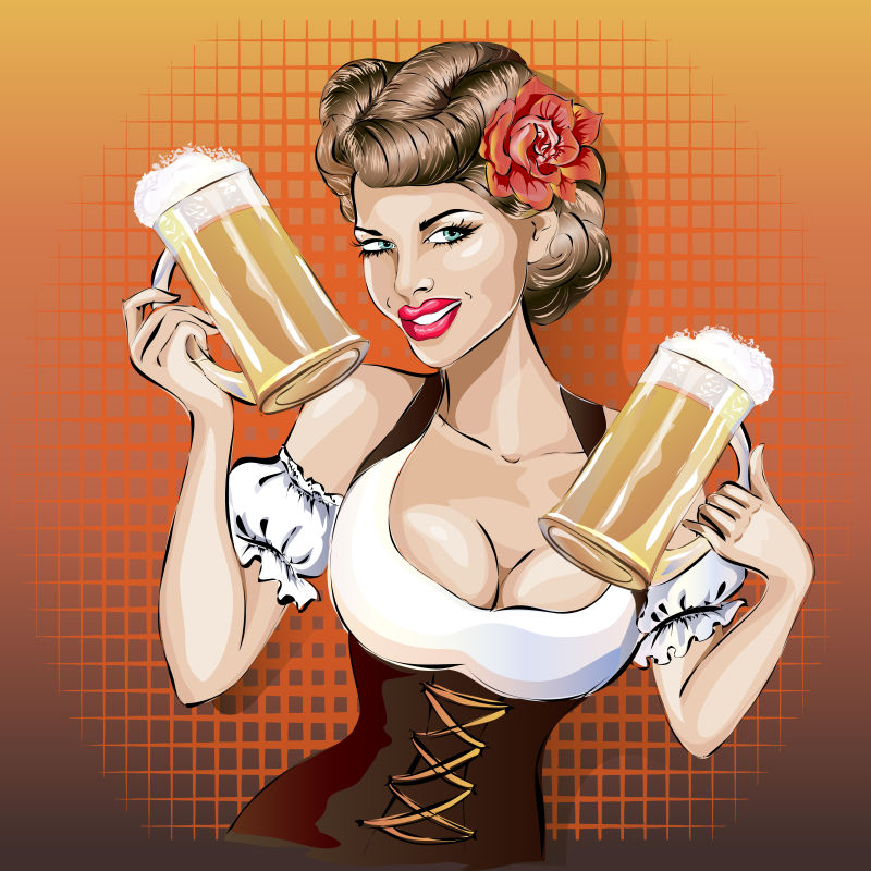 黄色背景上端着两杯啤酒做搞怪表情的金发女郎