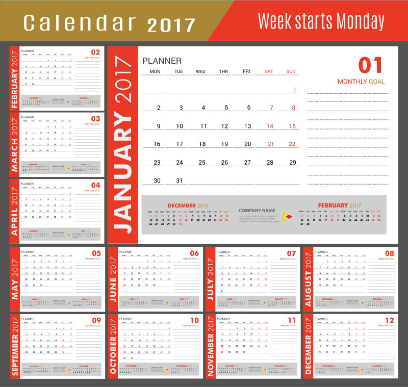 矢量2017日历设计图片-矢量一月十二月