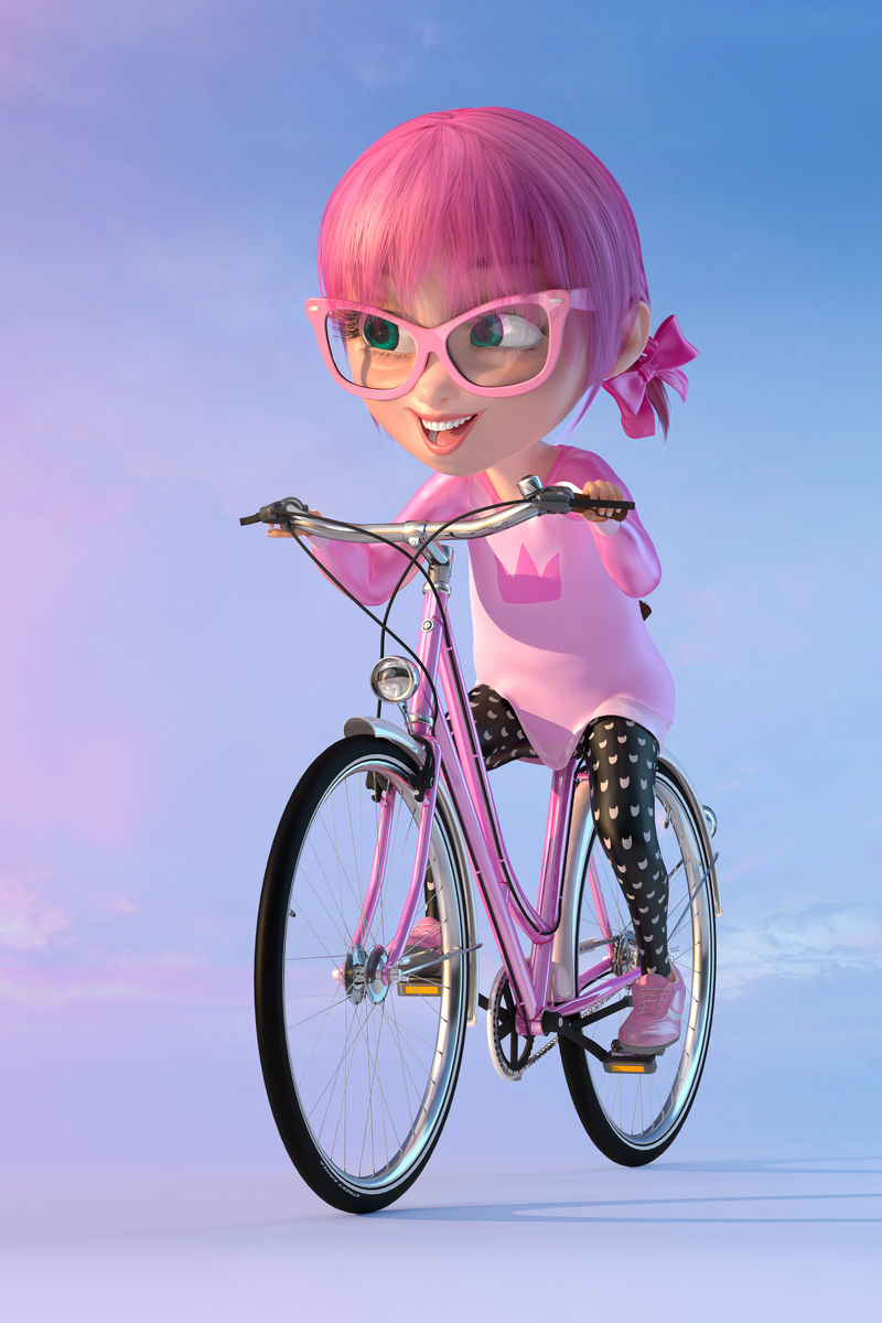 有趣的卡通人物一个戴着眼镜和粉红色动画头发的漂亮小女孩三维插图
