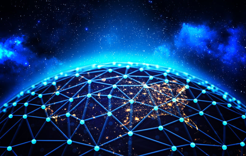 全球网络连接和商业通信概念-深蓝色空间背景下地球周围的连接线-三维