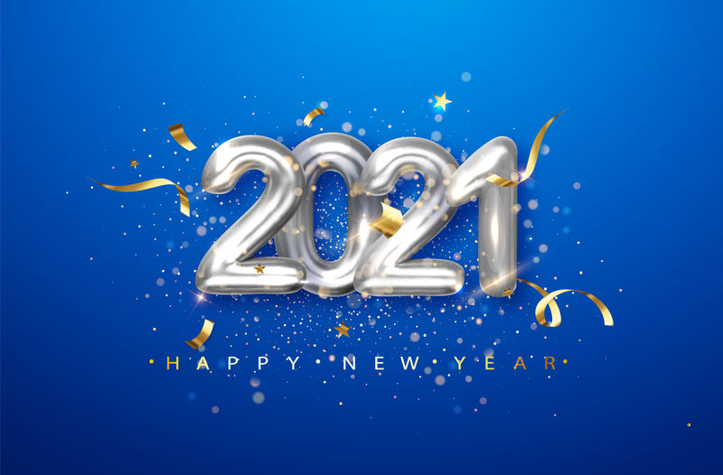 2021年蓝色背景上的银色金属数字.日期为2021年的假日插图.
