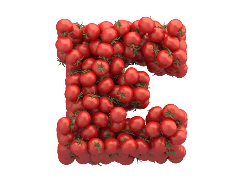 白色背景上西红柿组成的E字母