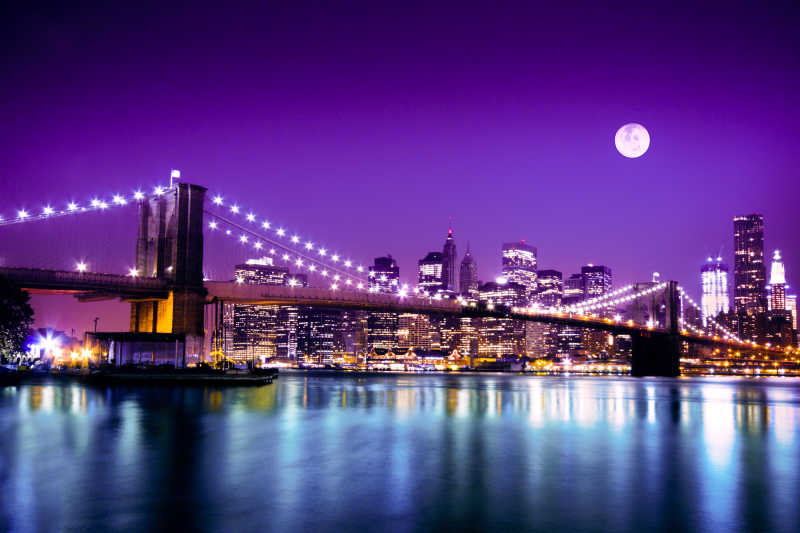 纽约布鲁克林大桥的夜景