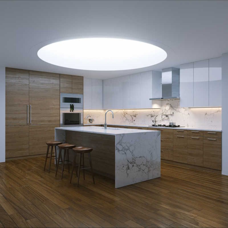 现代白色厨房内部与圆形的第二个光窗