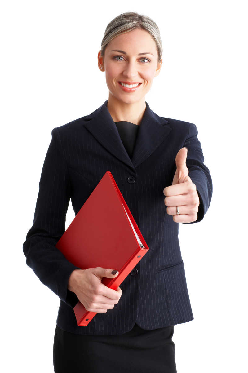 拿着文件夹竖着大拇指的女人