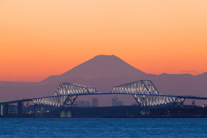 日落下美丽的东京门桥和富士山
