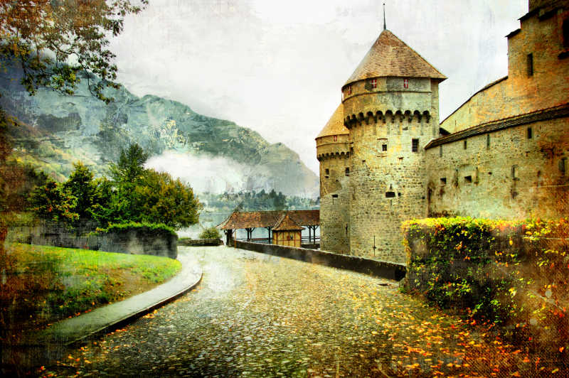 城堡-旧绘画风格的艺术图片