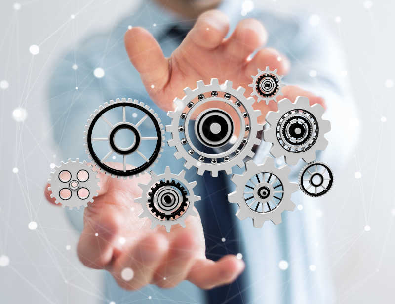 商人手里拿着浮动齿轮图标3D渲染