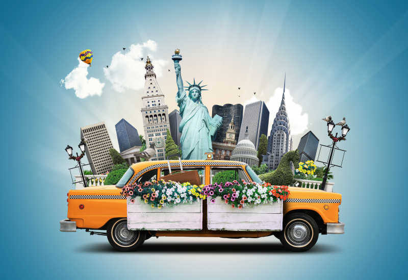 美国经典黄色Т纽约出租车和地标