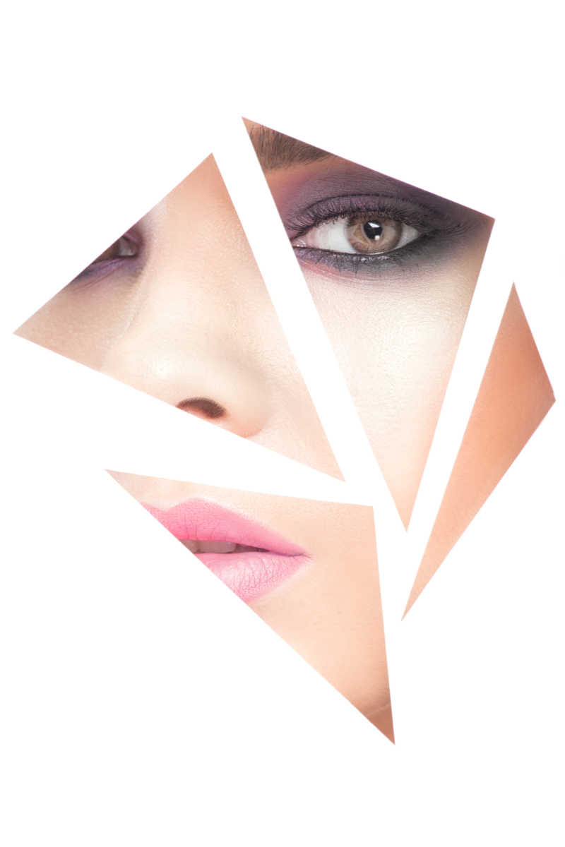 带有妆容的不规则三角形脸部拼图