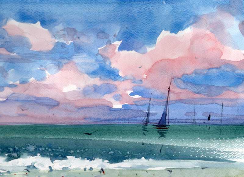 水彩画海景与帆船