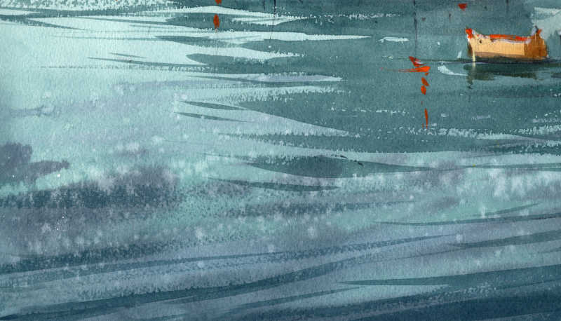 瀑布下的水禽水彩画