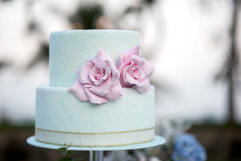 双层奶白色蛋糕两朵粉色花