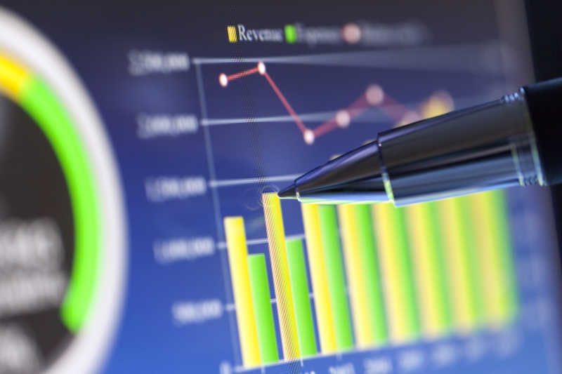 笔指着计算机屏幕上的业务图的细节