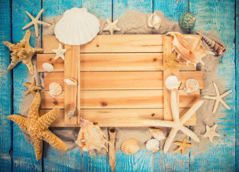 木制背景上的假日背景与各种贝壳