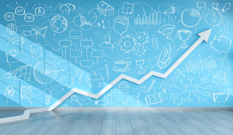 手稿项目演示文稿写在蓝色的墙上3D渲染