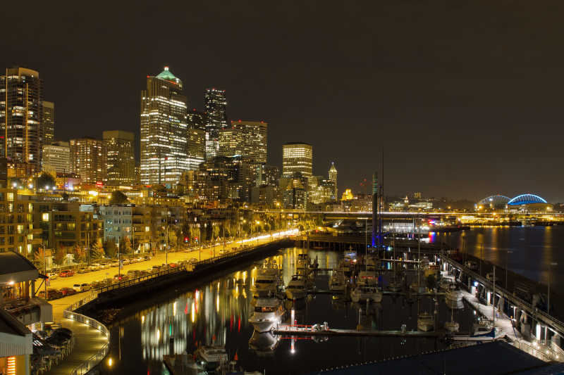 西雅图华盛顿市中心夜景下的天际线