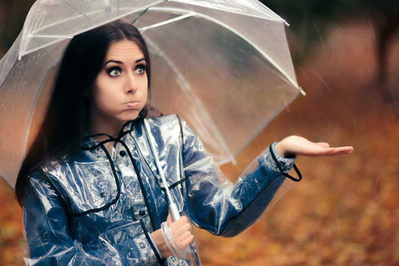 穿着透明雨衣拿着雨伞的俏皮女性
