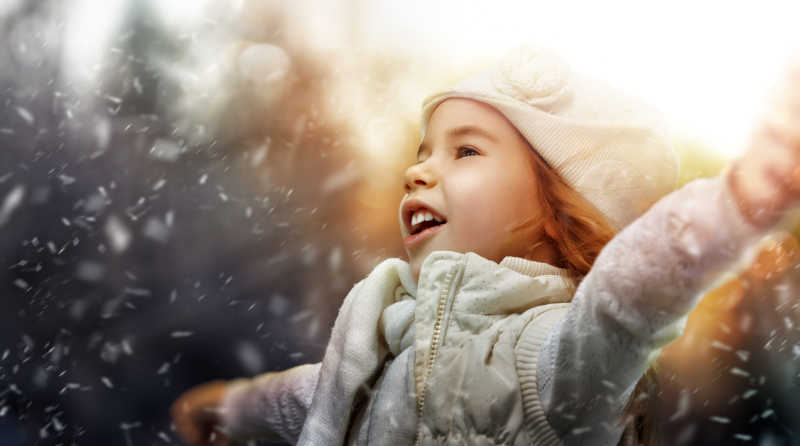 冬季下雪开心的小女孩
