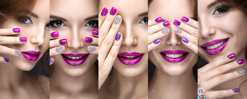 紫色口红和贴有水钻紫色美甲的时尚创意彩妆
