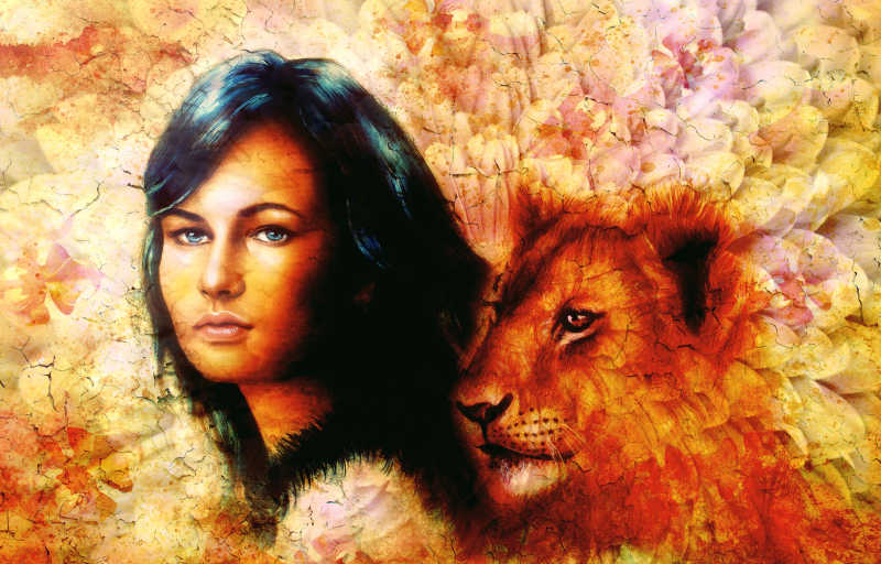 年轻女子肖像与狮子头部组成的完整的水彩画