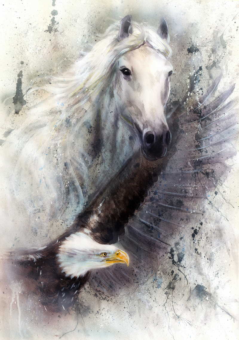白色的马与飞翔的鹰在抽象纹理的背景上