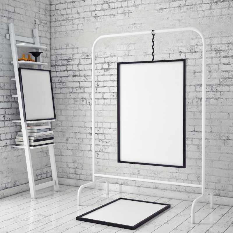 灰色室内装修和晾衣架上的空白海报