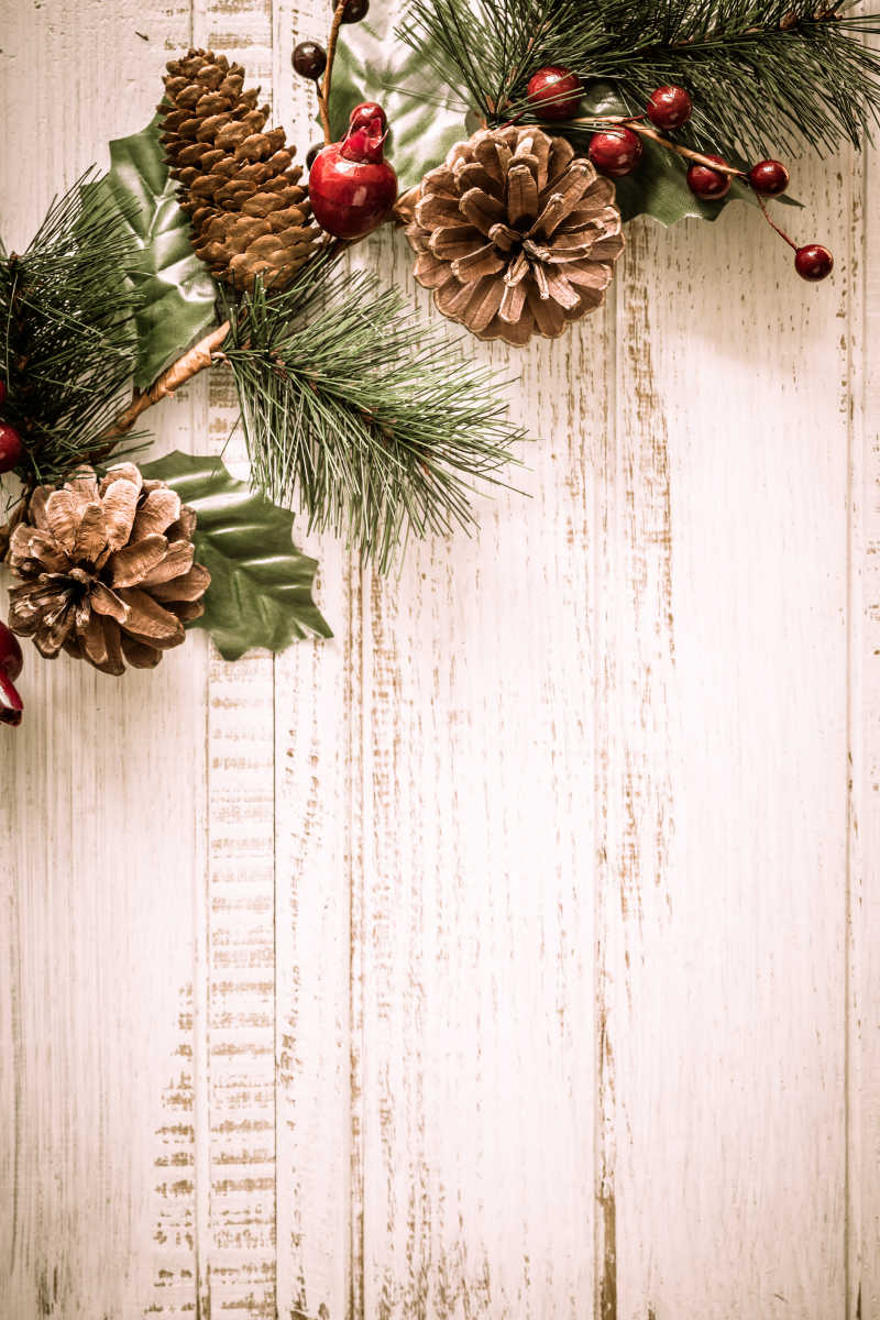 旧木板上杉树树枝上的装饰品松果和浆果