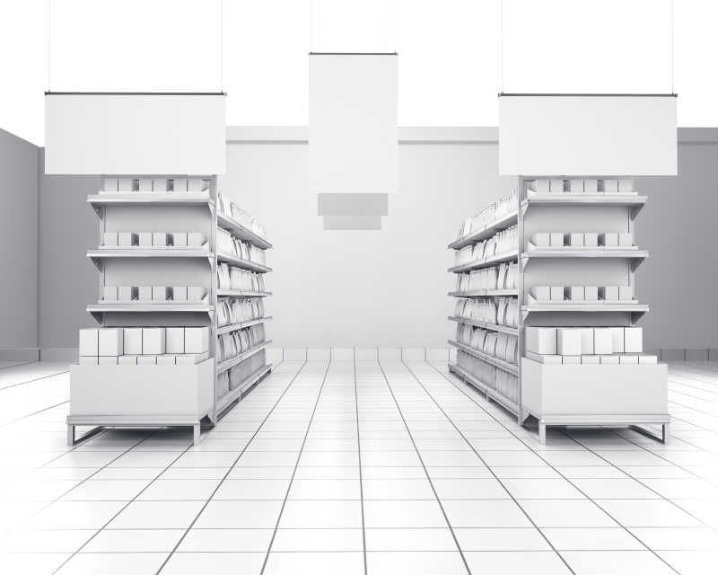 超市商店里摆放整齐的产品货架特写
