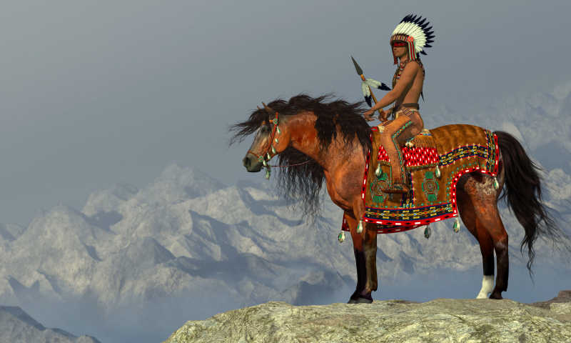 美国印第安人坐在他的阿帕卢萨马在沙漠地区的一个高高的悬崖上