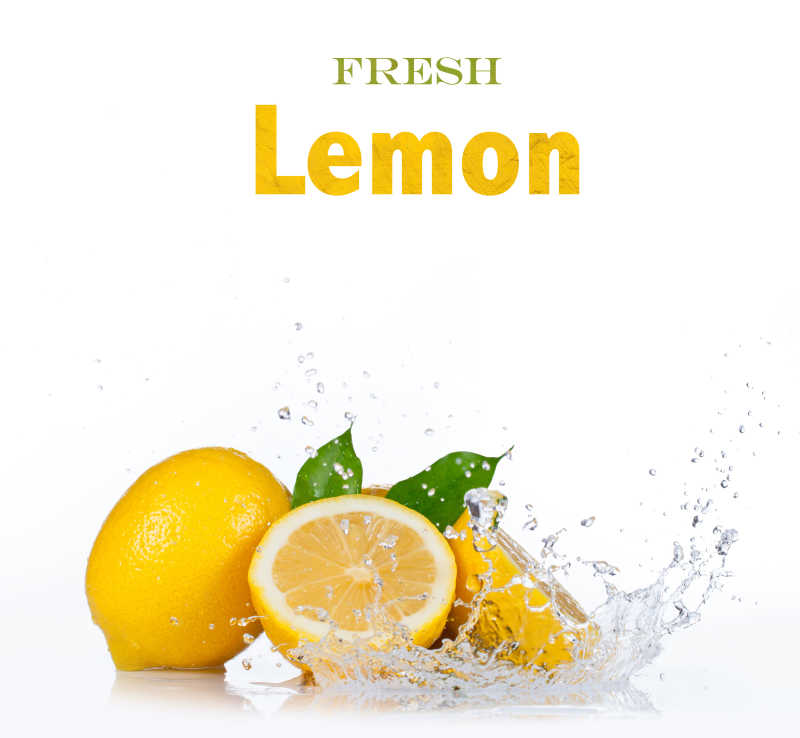 白色背景上的新鲜柠檬和飞溅的水滴