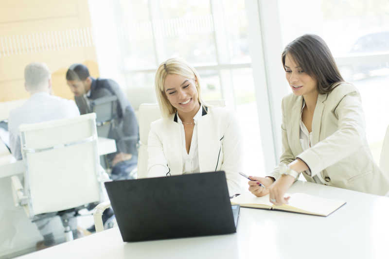 在办公室热烈讨论工作想法的女商人