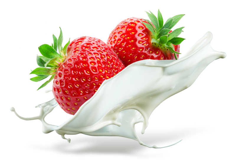 白色背景下两个草莓掉进牛奶里特写