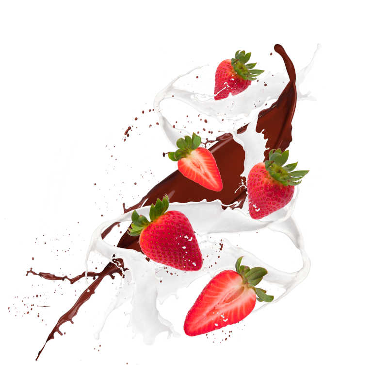 白色背景下的新鲜草莓和巧克力液体特写