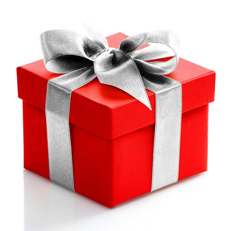银白色丝带绑着红色礼品盒