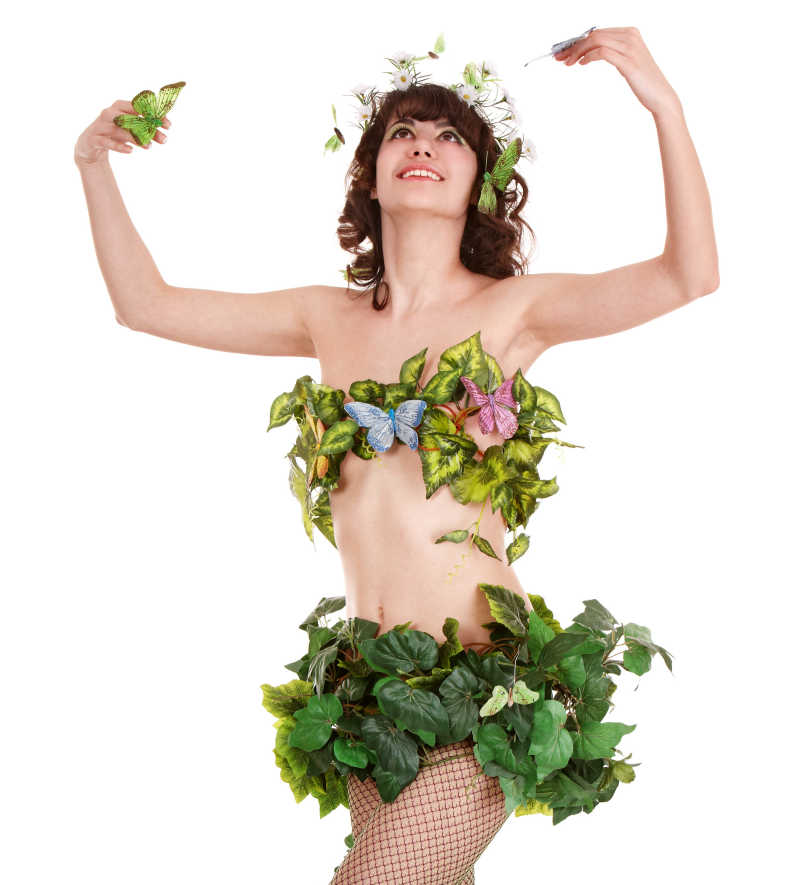 美丽的少女有花和蝴蝶