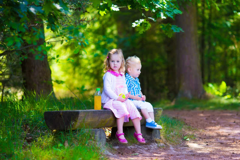 孩子们坐在森林中的长椅上