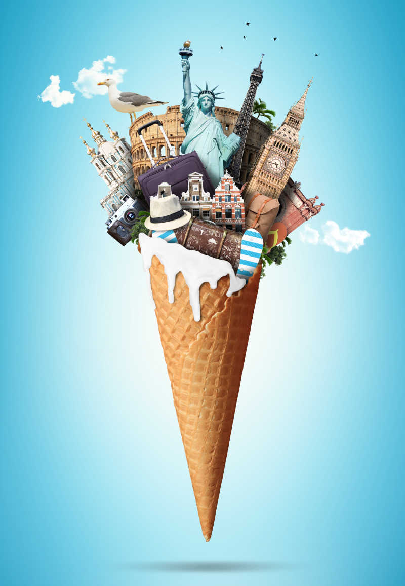 带有路标和行李的华夫锥旅行创意