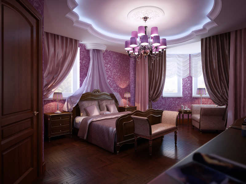 紫色梦幻的少女卧室