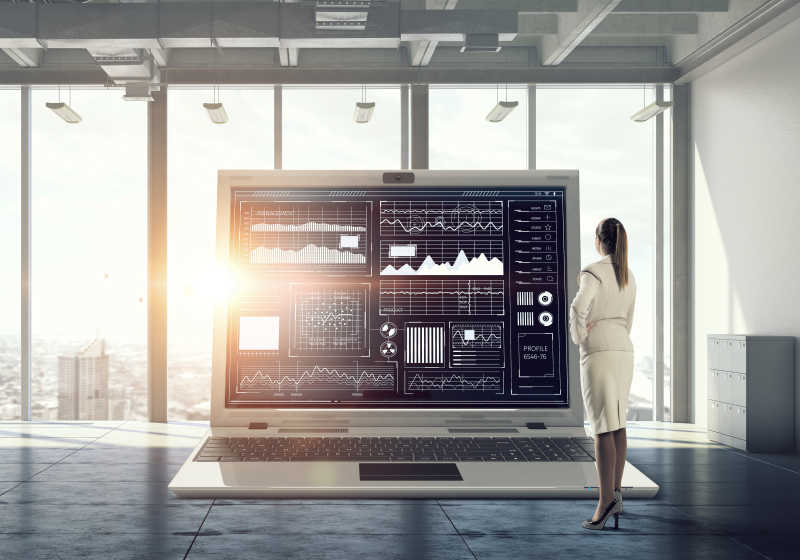 看着大型笔记本电脑数据图表的女商人