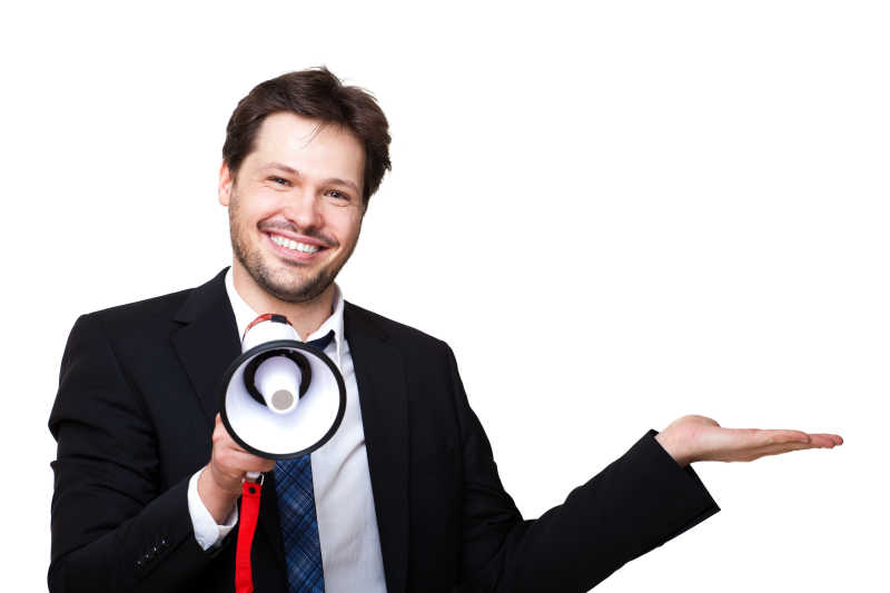 用扩音器和广告手势的商人