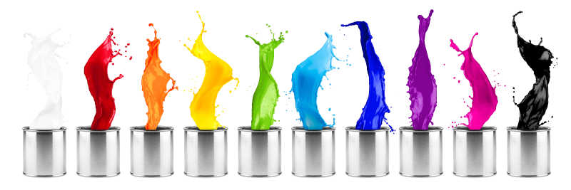 白色背景下金属罐上飞溅的彩色颜料