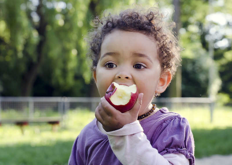 在公园里吃苹果的儿童