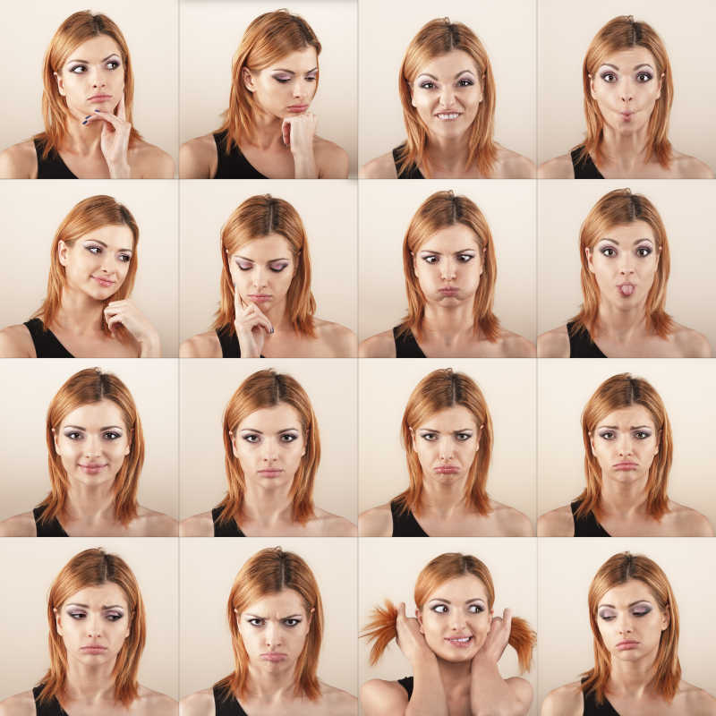 十六个不同的女性面部表情拼贴