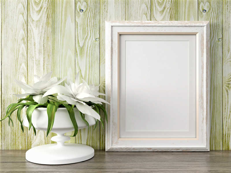 空的现代风格框架和白色瓶中白花