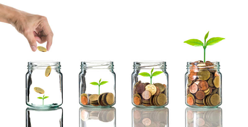白色背景下玻璃瓶内的硬币长出植物的商业投资增长概念