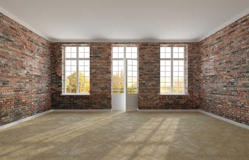 砖砌的空房间和门窗特写